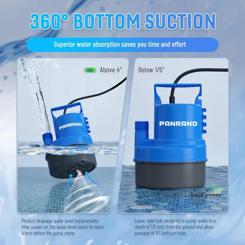 Miniatura 3 de Bomba de agua sumergible de 1/3 HP 2000 GPH Bomba de sumidero pequeña portátil para cubierta de piscina, sótanos, charcos, estanques de jardín
