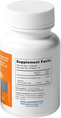 Miniatura 3 de GluzinC Suplemento de zinc y vitamina C 25 mg de gluconato de zinc + 270 mg de ácido ascórbico Nutrientes inmunes diarios 60 cápsulas vegetales