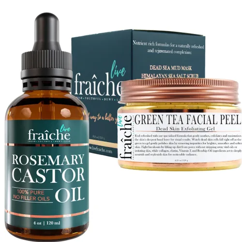 Aceite de ricino de romero de 4 onzas + gel de peeling facial iluminador de oro de 24 quilates con té verde, 4.23 onzas para eliminación de piel