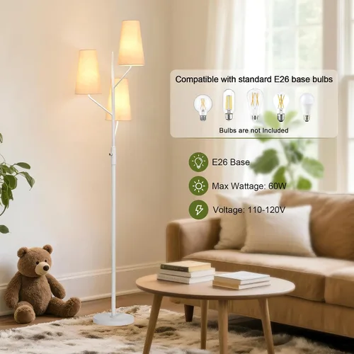 Miniatura 4 de SRJJA Lámpara de pie industrial para sala de estar, lámpara de pie de árbol de 3 luces de 70 pulgadas de alto con poste blanco, lámparas de pie