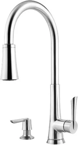 Pfister Mystique - Grifo de cocina desplegable de 1 manija con dispensador de jabón, cromo pulido