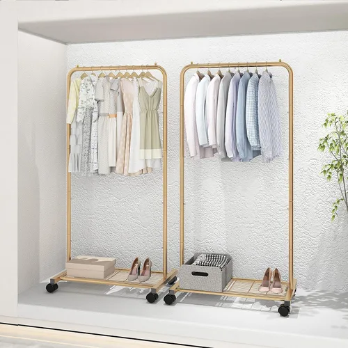 Miniatura 7 de Simple Trending - Perchero estándar para ropa con ruedas y estante de almacenamiento de malla en color amarillo dorado