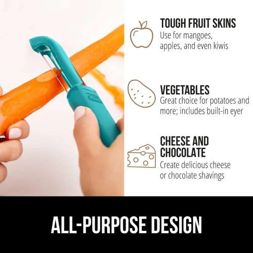 Miniatura 6 de GORILLA GRIP Pelador de verduras patentado de acero inoxidable afilado sin BPA, doble giratorio, mango suave y cómodo, pele suavemente manzanas