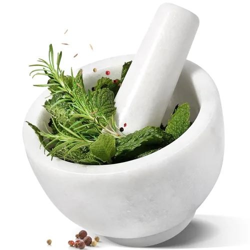 Koville Juego de mortero y mortero de mármol, tazón de molinillo de 5 a 1.5 tazas para guacamole, salsa, trituradora de píldoras, especias, hierbas,