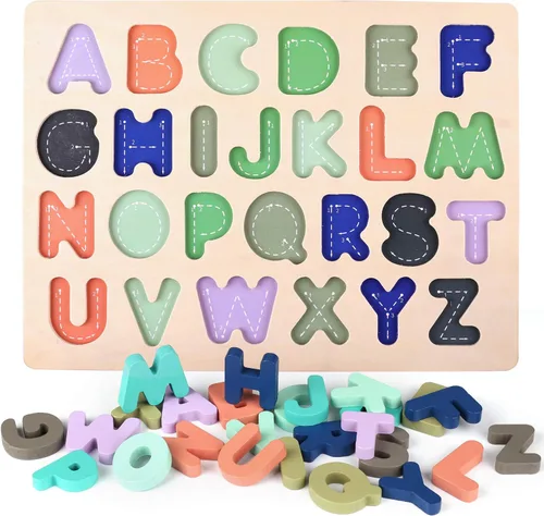 Miniatura 6 de Rompecabezas de madera para niños pequeños, rompecabezas de madera con forma de números del alfabeto, juguetes de aprendizaje para niños de 3, 4, 5