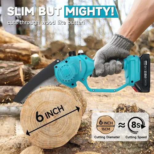 Miniatura 8 de Mini motosierra de mano inalámbrica de 6 pulgadas con engrasador automático, motosierra eléctrica portátil para cortar árboles/madera, bloqueo