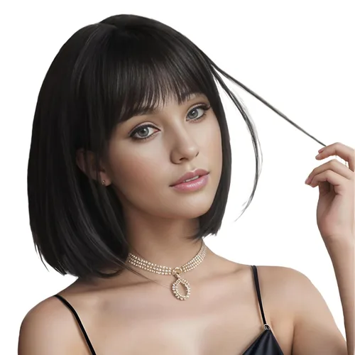 Pelucas de pelo corto negro natural para mujeres con flequillo, 12 pulgadas, lacio, sintético, cosplay, fiesta de Halloween, peluca para niñas, uso