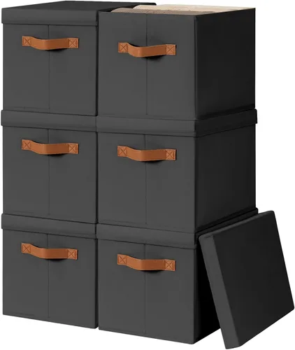 Miniatura 30 de Homsorout Contenedores de almacenamiento con tapas, cestas de almacenamiento de tela para estantes, paquete de 4 cajas decorativas plegables