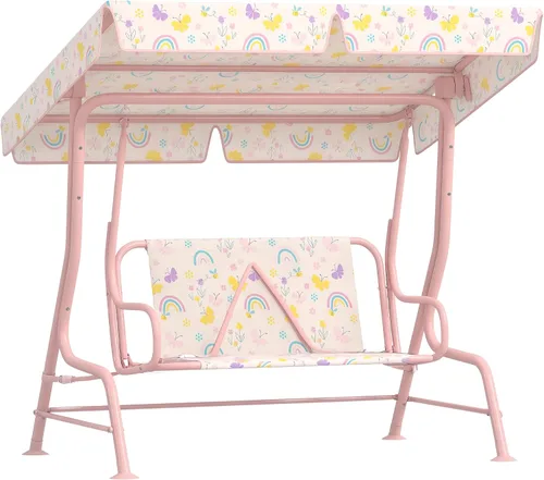 Miniatura 11 de Qaba Columpio de patio para niños, 2 plazas para porche al aire libre con toldo ajustable, cinturón de seguridad, banco colgante con patrón de zorro