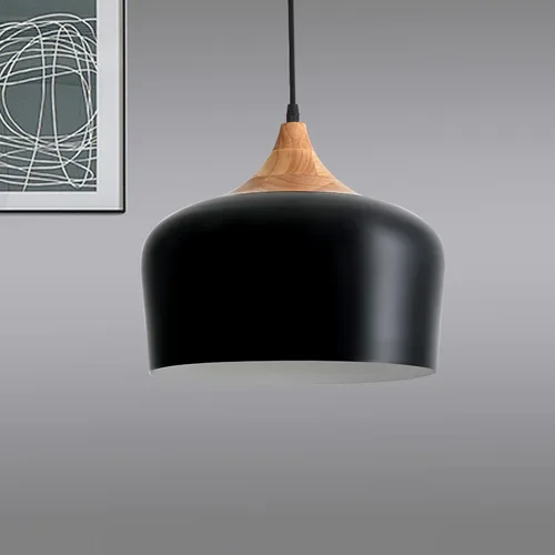 Miniatura 2 de Lámpara colgante industrial negra de 11.8 pulgadas, iluminación colgante de techo ajustable de madera con pantalla de metal en forma de cúpula