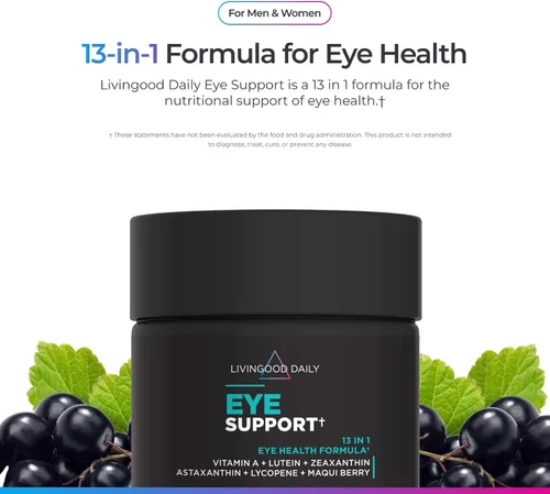 Miniatura 2 de Livingood Daily Soporte para los ojos, suplemento de visión 13 en 1 con luteína, zeaxantina, astaxantina, vitamina A, licopeno, bayas de maqui