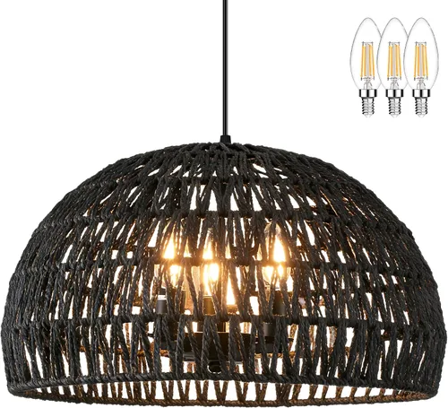 Miniatura 14 de Ayshwill Dec Lámpara de araña negra tejida estilo boho de ratán y mimbre con cúpula, lámpara colgante para comedor, dormitorio, isla de cocina