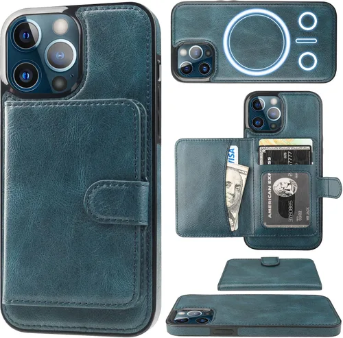 Miniatura 13 de Bocasal Funda tipo cartera para iPhone 13 Pro Max compatible con MagSafe magnético RFID bloqueo desmontable de piel sintética de alta calidad