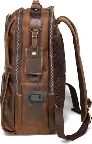 Miniatura 2 de LANNSYNE Mochila de cuero genuino vintage para hombres 15.6 pulgadas portátil bolsa de noche fin de semana camping mochila, Marrón, Mochilas