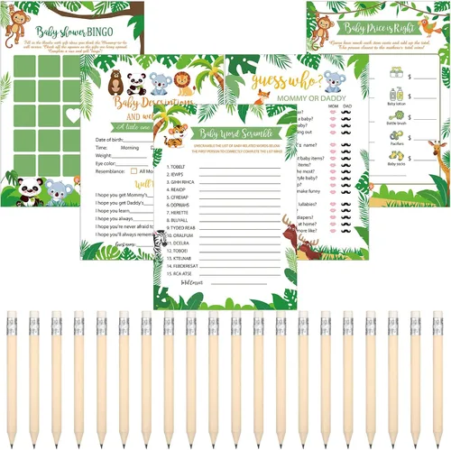 Miniatura 32 de Yinder 145 tarjetas de actividades para juegos de baby shower con 20 lápices, incluye descripción de bingo para bebés y deseos, adivina quién es
