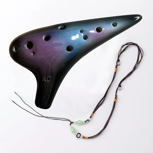 Miniatura 8 de Instrumento de Ocarina de 12 Agujeros con Libro de Canciones para Principiantes, Ocarina de Cerámica Alto C (Azul Estrellado y Morado y Negro)