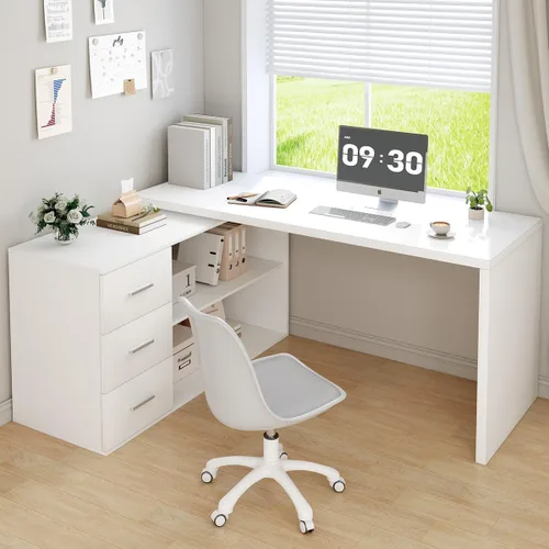 HSH Escritorio Blanco en Forma de L con Cajones y Estantes, Escritorio de Esquina para Oficina en Casa en Forma de L con Gabinete de Almacenamiento,
