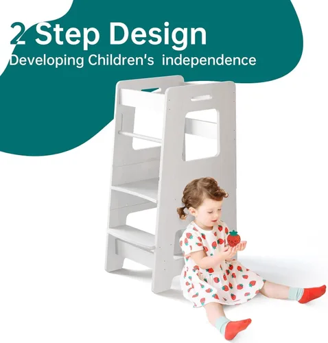 Miniatura 6 de Taburete de cocina WOOD CITY, taburete de cocina para niños pequeños con baranda de seguridad, altura ajustable, torre de aprendizaje para niños