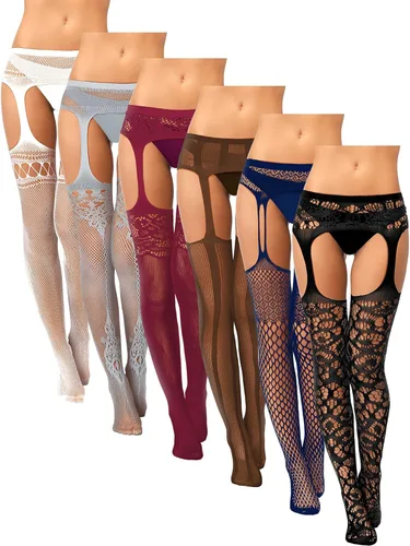 Skylety 6 pares de medias de red para mujer, medias altas hasta el muslo, medias con tirantes para mujeres y niñas