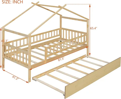 Miniatura 2 de Harper & Bright Designs Cama de madera con nido, marco de cama Platforn para niños de tamaño individual con rieles de valla y techo para niñas