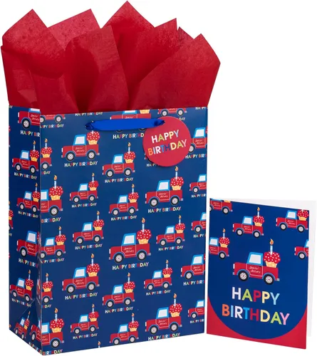 Miniatura 10 de WRAPAHOLIC Bolsa de regalo de cumpleaños grande de 13 pulgadas con tarjeta y papel de seda, bolsas de papel con letras de estrella negra y feliz