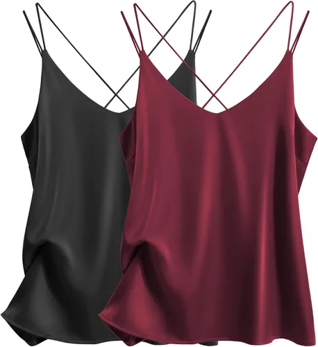 Ekouaer Paquete de 2 camisolas de satén de seda para mujer, cuello en V, sexy, espalda cruzada, tirantes delgados, camisola sin mangas
