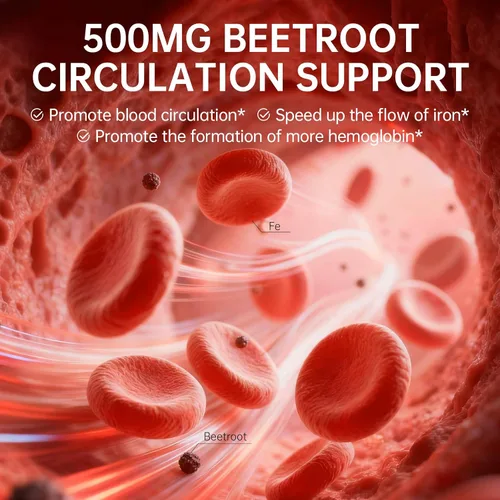 Miniatura 5 de Suplemento de hierro de 36 mg con 500 mg de remolacha, hierro quelado cuádruple y péptido de hemoglobina sinérgica – Absorción mejorada sin efectos