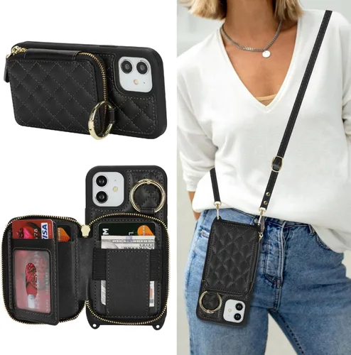 Miniatura 52 de Funda Cartera Bandolera para iPhone 11, Cuero PU Cremallera Bolso Cartera Funda Plegable con Tapa, Funda Folio con Soporte con Ranuras para Tarjetas