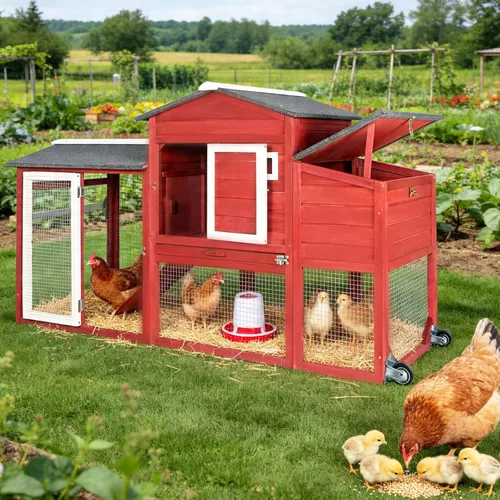 PetsCosset Chicken Coop Backyard Chicken House - Tractor de madera para aves de corral para exteriores, con caja nido de pollo, ruedas, techo
