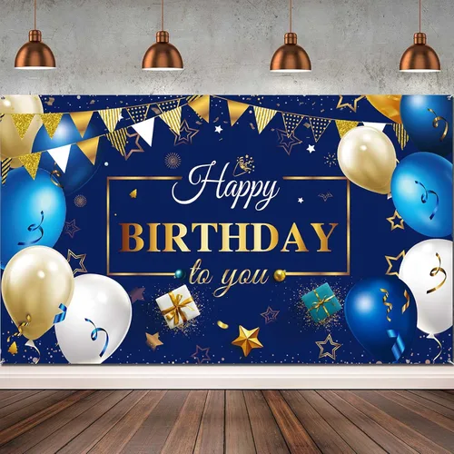 Sumind Cartel de fondo de feliz cumpleaños para hombres, decoraciones de cumpleaños azul marino y dorado, fondo de fotos, suministros de