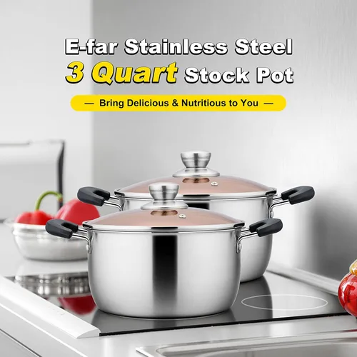 Miniatura 7 de E-far Olla de 3 cuartos de galón, olla de sopa de metal de acero inoxidable con tapa de vidrio para cocinar, saludable y libre de óxido, resistente