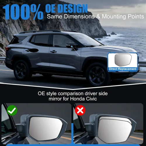 Miniatura 5 de Reemplazo de cristal del espejo lateral del pasajero para Honda Civic 2016-2021, Honda Envix 2018-2022, Honda Crider 2019-2022, espejo lateral