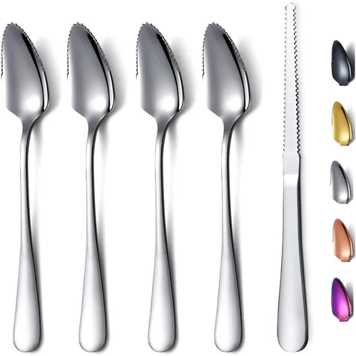 HOMQUEN Juego de 5 cucharas de pomelo, 4 cucharas de acero inoxidable y 1 cuchillo con chapado de titanio, bordes dentados para utensilios (plateado)