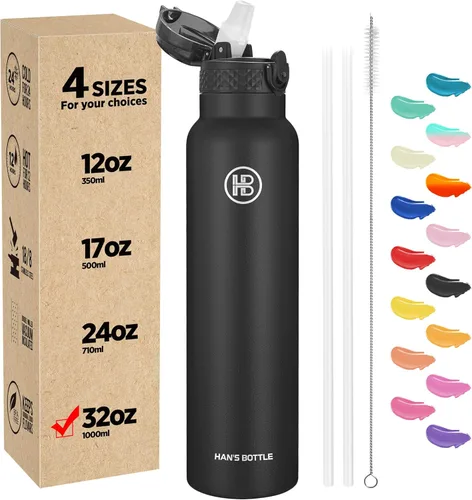 Miniatura 16 de Han's Bottle - Botella de agua para niños con tapa con pajilla - Vaso reutilizable de acero inoxidable aislado para niñas, niños, taza termo, 17