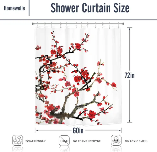 Miniatura 2 de Cortina de ducha floral roja para baño, 60 pulgadas de ancho x 72 pulgadas de largo, flor de cerezo, ciruela, estética asiática, japonesa, acuarela