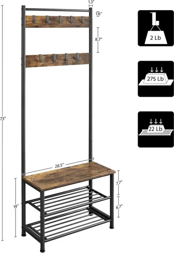 Miniatura 3 de Yaheetech Árbol de pasillo de metal con banco de almacenamiento de zapatos, perchero de entrada con 2 estantes para zapatos y 9 ganchos móviles