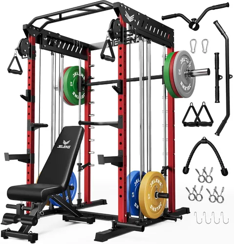 Miniatura 13 de JELENS M21 - Máquina Smith, jaula de potencia multifunción con sistema de cruce de cable de polea doble, banco de sentadillas todo en uno de 907 kg