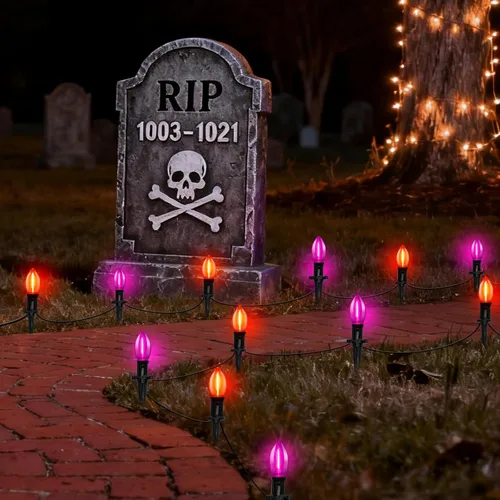Miniatura 9 de Luces de Halloween para caminos al aire libre, 7 pies, luces de estaca de calabaza de Halloween con 4 bombillas LED C7 transparentes