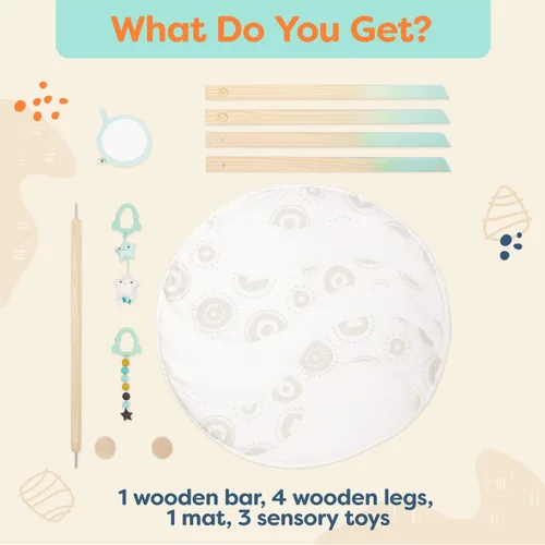 Miniatura 4 de B. toys Gimnasio de madera para bebés - Alfombra de actividades - Cielo estrellado - 3 juguetes sensoriales colgantes - Madera natural - Bebés, bebés
