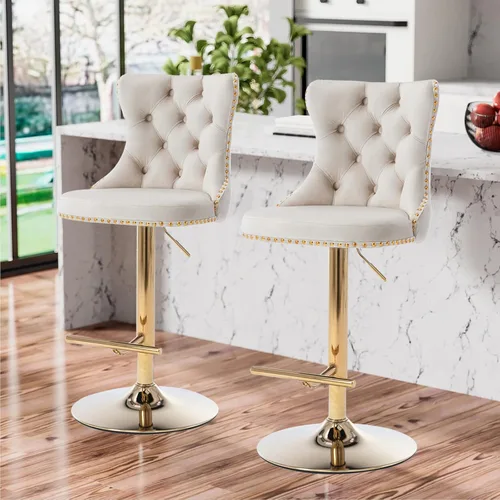 Miniatura 2 de Aoowow Juego de 2 taburetes de bar giratorios ajustables con parte trasera de terciopelo copetudo, sillas de bar modernas tapizadas con cabeza