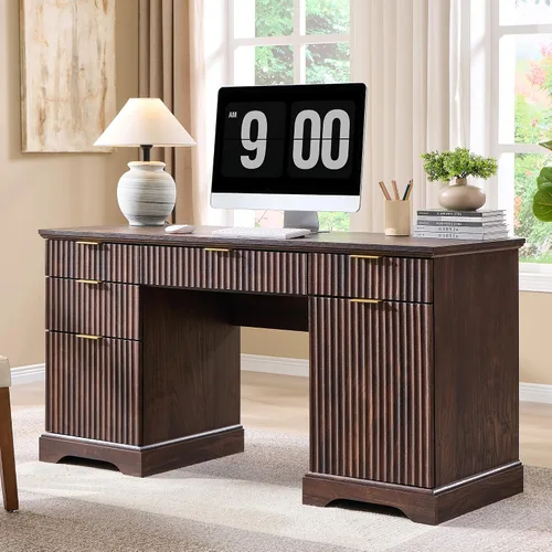 Miniatura 12 de JXQTLINGMU Escritorio ejecutivo moderno de 58 pulgadas con almacenamiento, escritorio de madera para oficina en casa con 5 cajones y 1 gabinete