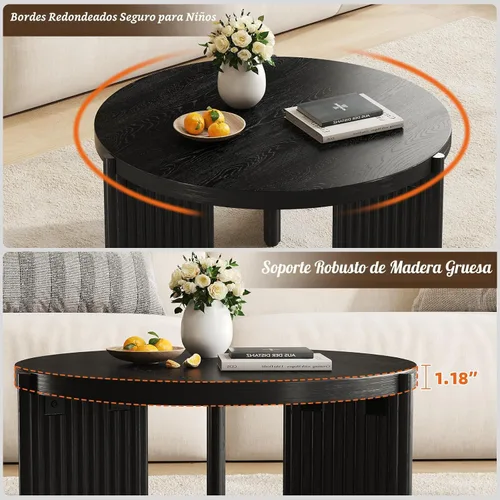 Miniatura 4 de Luoxiao Mesa auxiliar, mesas de centro redondas de 27.5 pulgadas para sala de estar, moderna mesa central acanalada negra, mesa decorativa circular