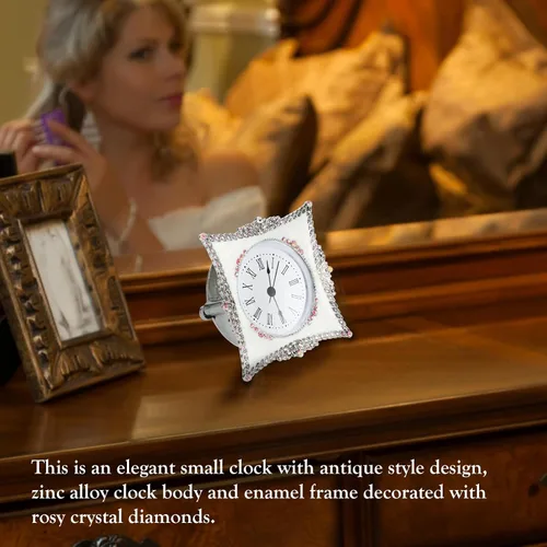 Miniatura 3 de KEYPOWER Reloj de mesa pequeño de cuarzo analógico de escritorio esmaltado con marco decorativo de diamante de cristal, para el hogar, dormitorio