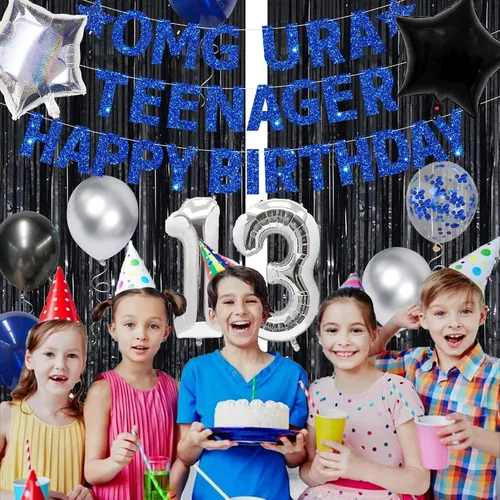 Miniatura 5 de Blue Omg Ur A Teenager - Cartel de feliz cumpleaños con flecos de papel de aluminio negro, telón de fondo plateado 13 para niños, decoración