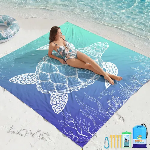 Miniatura 10 de BYDOLL Manta de playa impermeable a prueba de arena, 78 x 81 pulgadas, 78 x 110 pulgadas, grande, libre de arena, ligera, resistente a la arena