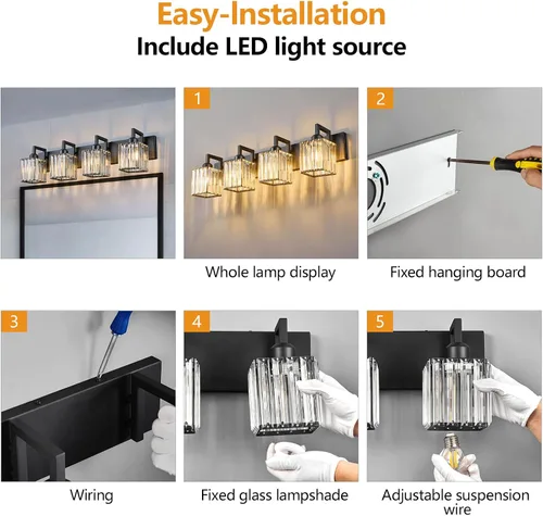 Miniatura 5 de Moderna lámpara de cristal para pared/tocador de baño, de 4 luces, color negro Negro torcido
