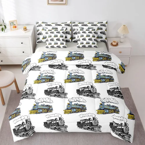 Miniatura 39 de Feelyou Juego de edredón de tren vintage de 7 piezas, diseño retro de motor de vapor para niños y niñas, juego de ropa de cama retro de tren