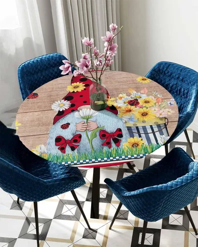Miniatura 5 de Mantel redondo de gnomos de verano con mariquita, mantel ajustable con elástico para mesas redondas de 36 a 44 pulgadas, mantel de madera vintage
