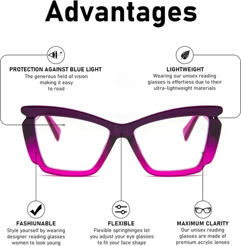 Miniatura 5 de Paquete de 4 elegantes lentes de lectura para mujer, a la moda, grandes, con bloqueo de luz azul, con bisagra de resorte