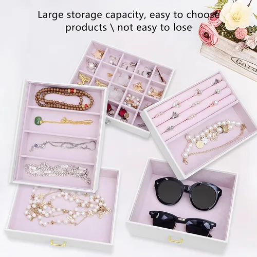 Miniatura 5 de AKOZLIN - Organizador de joyería extra grande de 6 niveles con espejo, estuche de joyería de cuero con 5 cajones para mujeres y niñas, para anillos